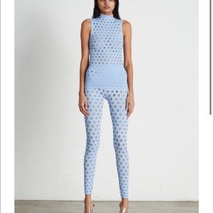 Sleeveless turtleneck top & Legging with band waistband Perforated seamless knit